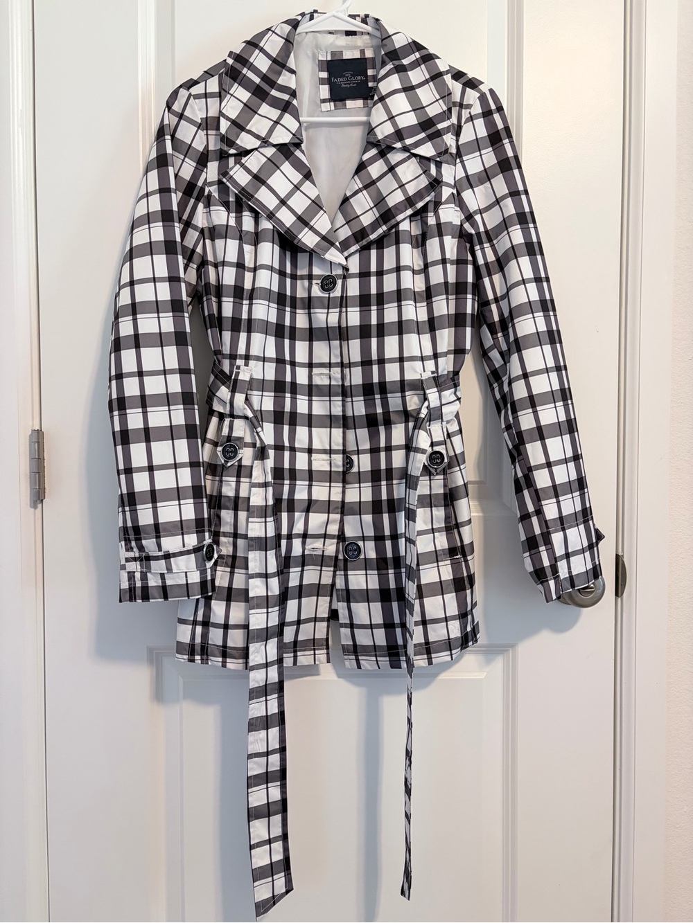 Faded Glory Black & White Plaid Trench Coat